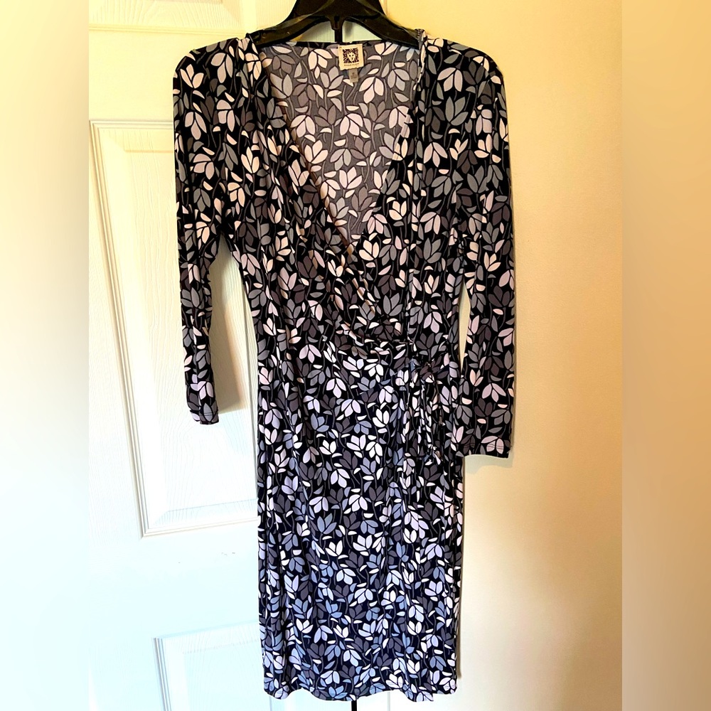 Anne Klein 3/4 sleeve black, gray, and white wrap dress.